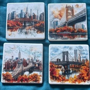 NYC Bridges and cityscape. Set of 4 handmade drink coasters
